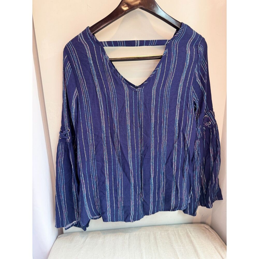 Pink Rose Women's Medium Blue White Dot Stripe Rayon Long Sleeve V Neck Top - Picture 3 of 8